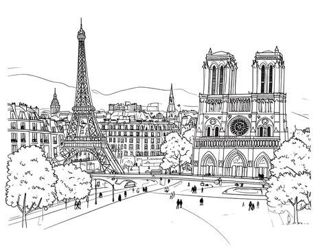 Line drawing of a famous European city's skyline, with iconic landmarks