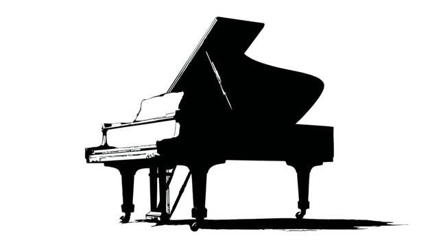 A grand piano silhouette, side view, on white background, with open lid