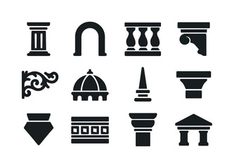 Architectural Icons Grid. Architectural details. Solid icon set of architectural details: column, arch, balustrade, corbel, ornate molding, dome, spire,