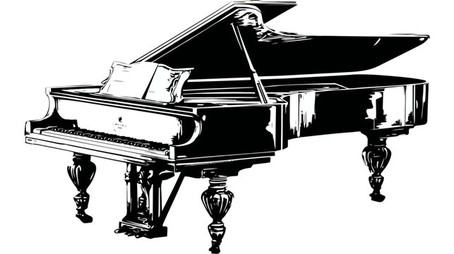 A grand piano, a musical instrument with black and white keys, and sheet music