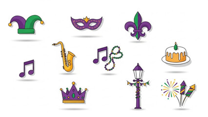 Mardi Gras Icons Set with Mask, Fleur de Lis, and Fireworks Isolated on White