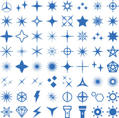 Comprehensive set of blue star and sparkle icons featuring various geometric shapes, lightning bolts, and diamond silhouettes on a transparent background for diverse graphic design applications