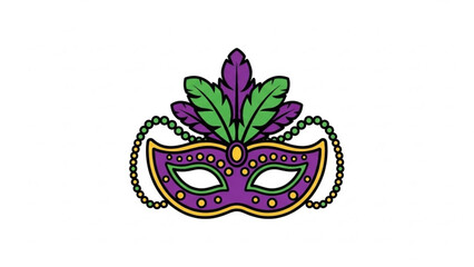 Mardi Gras Mask with Purple Feathers and Beads Isolated on White Background