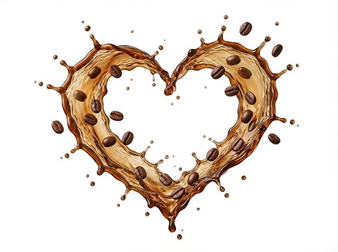 Coffee splash with roasted coffee beens flying around, isolated on white background. Abstract beverage concept. 