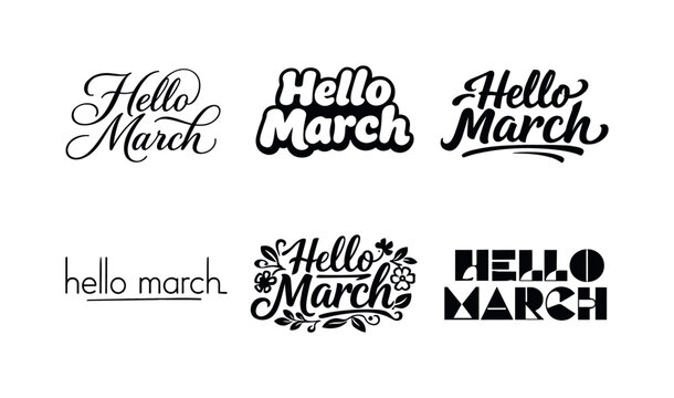 March Lettering Variations. Hello March. Set lettering. harmonious lettering variations of the same emblematic concept, each with different artistic