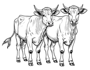 Fototapeta premium Line drawing of two bovines, standing close together, facing forward
