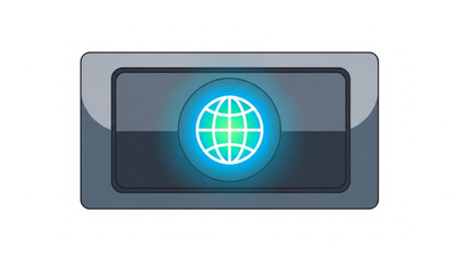 Glowing Blue Globe Icon on Dark Gray Button Isolated on White