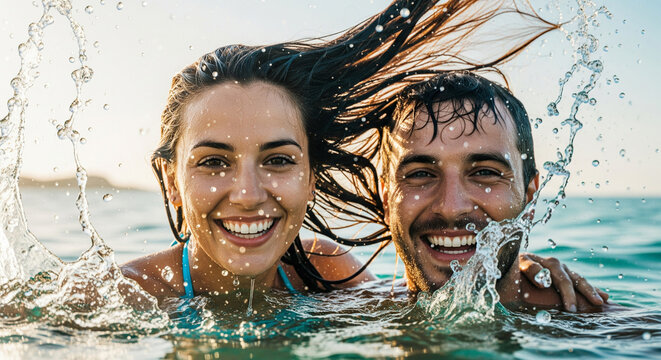 Portrait of a smiling couple in love enjoying a refreshing swim in clear ocean water on a sunny day in splashes, close-up, travel and sea vacation concept - Powered by Adobe