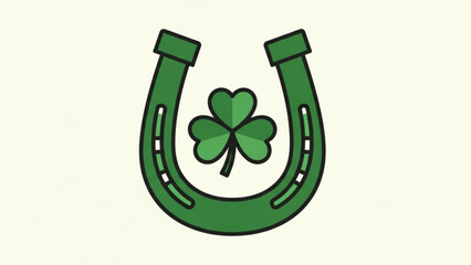 Green Horseshoe with Four Leaf Clover Isolated on White Background