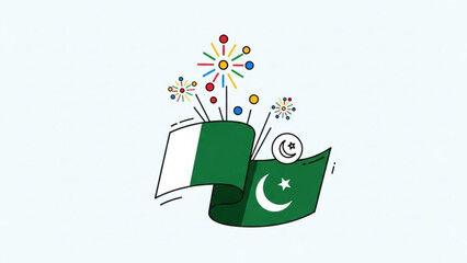 Pakistan Flag Celebrating Independence Day with Colorful Fireworks