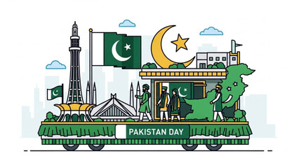 Pakistan Day Parade Float with Flag, Minar-e-Pakistan, and Crescent Moon