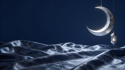 Naklejka premium Premium Midnight Blue Silk Ramadan Background with Silver Moon.