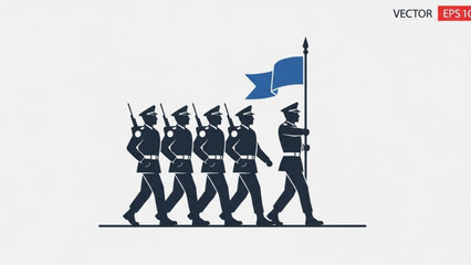 Soldiers Marching with Blue Flag in Formation Vector Illustration
