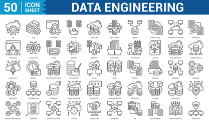 Data Engineering outline style icon set concept log, framework, pipeline, data lake, data pipeline, ingestion, preprocessing, and more. Illustration Eps 10