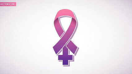 Purple Breast Cancer Awareness Ribbon with Cross Symbol on White Background