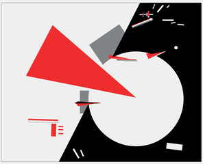 Abstract geometric composition with red triangle, gray shapes, and white circle on a split black and light gray background, reminiscent of supremacist art style and constructivist aesthetics with dyna