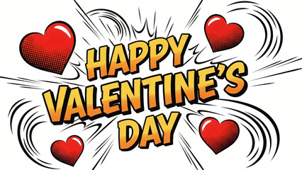 Happy Valentine's Day Pop Art Comic Text Greeting with Dynamic Speed Lines and Red Halftone Hearts on White