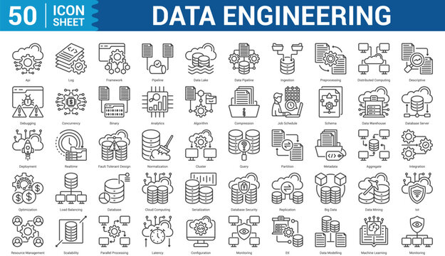 Data Engineering outline style icon set concept log, framework, pipeline, data lake, data pipeline, ingestion, preprocessing, and more. Illustration Eps 10