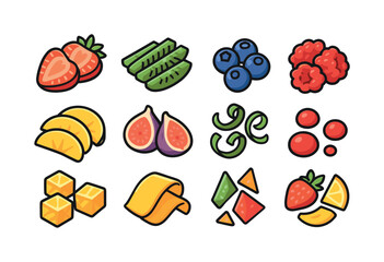 Colorful Fruit Icons. Fruit topping accents. Colorful isometric vector icons set of fruit topping accents: sliced strawberries, kiwi strips,