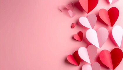 Paper-cut hearts in red and pink scattered across gradient pink background with layered floating effect