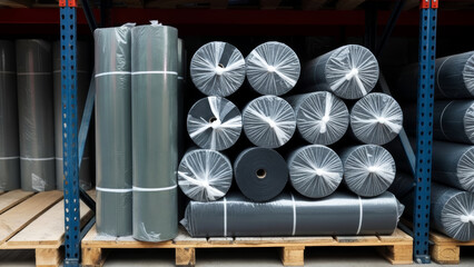 Stacked fiberglass rolls wrapped in plastic and stored on wooden pallets inside building supplies store. Fiberglass rolls prepared for sales, construction customers in building supplies supermarket