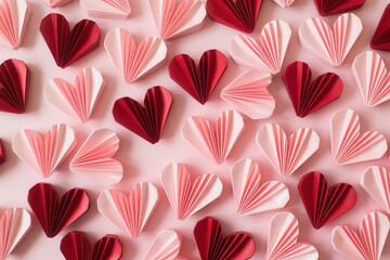 A collection of colorful paper hearts arranged in a pattern