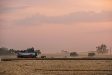 Naklejka premium a combine harvester in a wheat field, a bright orange sunset in the sky