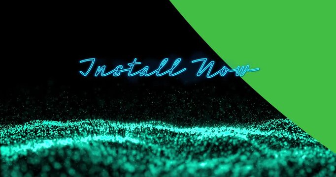 Animation of neon install now over black background with green shape and blue glitter