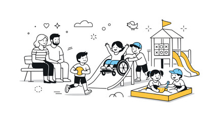 Inclusive Playground Fun. Inclusive playground family time. Parents watching children play together in a welcoming space. Trust, inclusion and