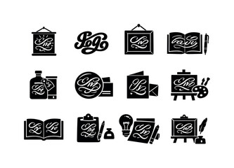 Calligraphy Icon Set. Calligraphy Projects. Solid icon set of Calligraphy Projects: lettering poster, custom logo lettering, wall art calligraphy, journal