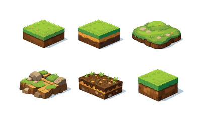 Isometric Nature Grid. Nature ground. Isometric flat vector icons set of Nature ground: grass tile block, dirt and grass layer, mossy grass patch, uneven