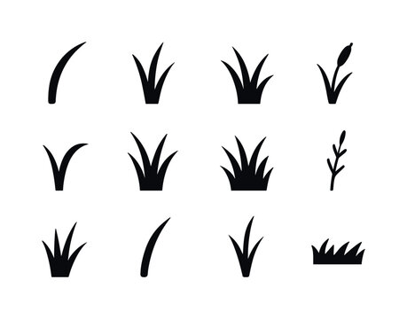 Black Grass Icon Set. Wild grass shapes. Solid icon set of Wild grass shapes: tall curve blade, split blade, triple tuft, windy stem, reed tip, curved arc