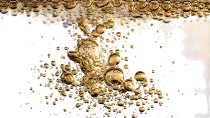 Golden bubbles rising in dark liquid with white background
