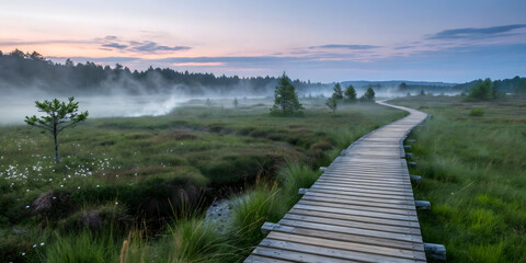 Serene morning walkway through misty meadows