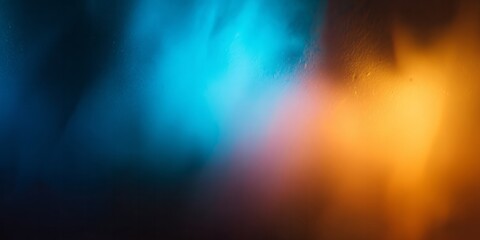 Illumination emanates from bright cyan and warm amber light sources on a dark, textured surface.