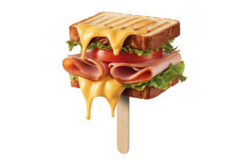 Toasted sandwich with melted cheese and ham on a stick isolated on a transparent background