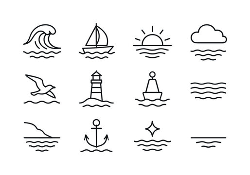 Ocean Sunset Icons. Ocean sunset. Line icon set of Ocean sunset: big wave, sailboat, setting sun, cloud, flying seagull, lighthouse, buoy icon, sea ripple,