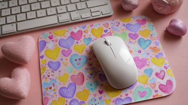 A white computer mouse sits on a colorful heart-patterned mousepad next to a keyboard and pink heart decorations on a desk.