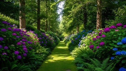 Fototapeta premium Serene forest path surrounded by vibrant flowers and lush greenery in a cool environment