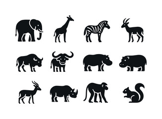 Fototapeta premium Savanna Animal Icons. Savanna Herbivores. Solid icon set of Savanna Herbivores: elephant, giraffe, zebra, antelope, wildebeest, buffalo, warthog, hippo,