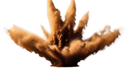Dramatic brown powder explosion on white background