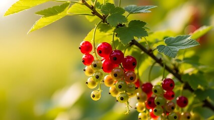 Ripe red and yellow berries hanging from a lush green branch in a serene garden.