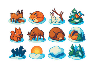 Winter Animal Icons. Cozy winter animal moments. Colorful isometric vector icons set of cozy winter animal moments: deer nuzzling in snow, fox curled in drift,