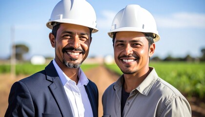 Farm workers smiling.