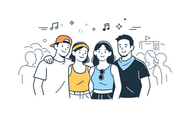 Festival Friends. Friends at music festival crowd. Small group standing close within a larger audience, calm smiles and relaxed body language. Sense of