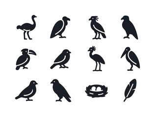 Obraz premium Savanna Bird Icons. Savanna Birds. Solid icon set of Savanna Birds: ostrich, vulture, secretary bird, eagle, hornbill, weaverbird, crowned crane, marabou