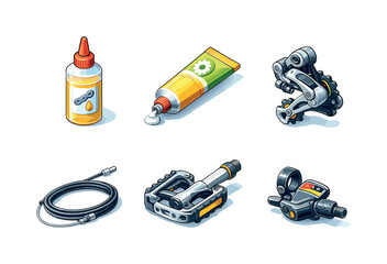 Bicycle Repair Icons. Lubrication & Adjustment. Isometric flat vector icons set of Fixing a Bicycle: chain oil bottle, grease tube, derailleur, brake cable,