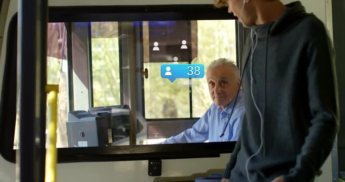 Speech bubble with profile icon with increasing numbers against caucasian boy walking in the bus