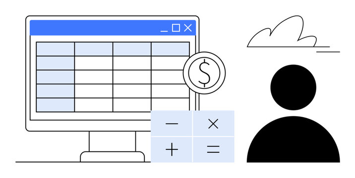 Financial planning, data analysis, budgeting, personal finance, accounting tools, economic forecasting. A computer screen showing a spreadsheet with math symbols and a dollar sign. Financial planning