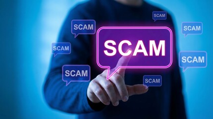 Person Pointing to Scam Message in Digital Concept
